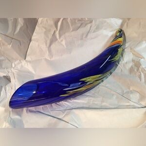 17” COBALT Blue HORN of Plenty Vase Art Glass Vivid Orange Yellow Blown Glass